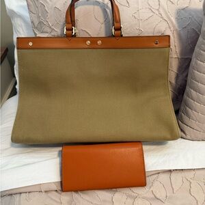 Tan and Orange Tote Bag with Matching Wallet